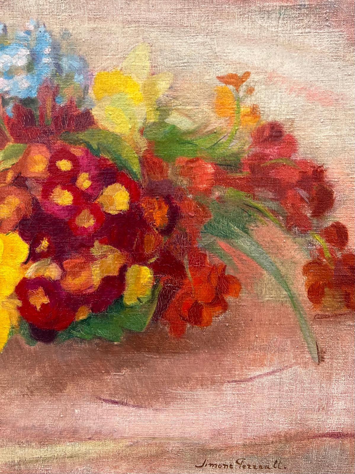 Beautiful Vintage French Oil Painting Still Life Flowers on Table Top, Large oil For Sale 1