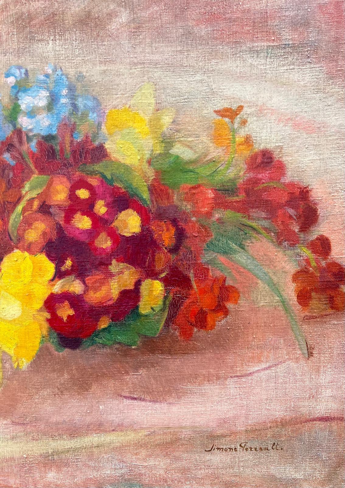 Beautiful Vintage French Oil Painting Still Life Flowers on Table Top, Large oil For Sale 2