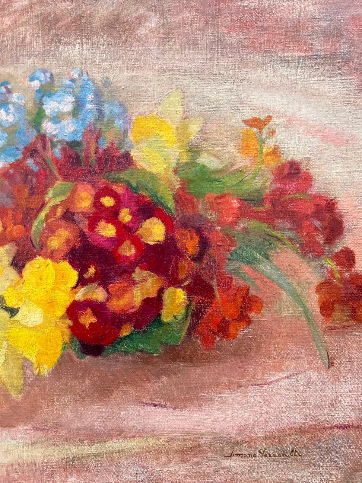 Beautiful Vintage French Oil Painting Still Life Flowers on Table Top, Large oil For Sale 4