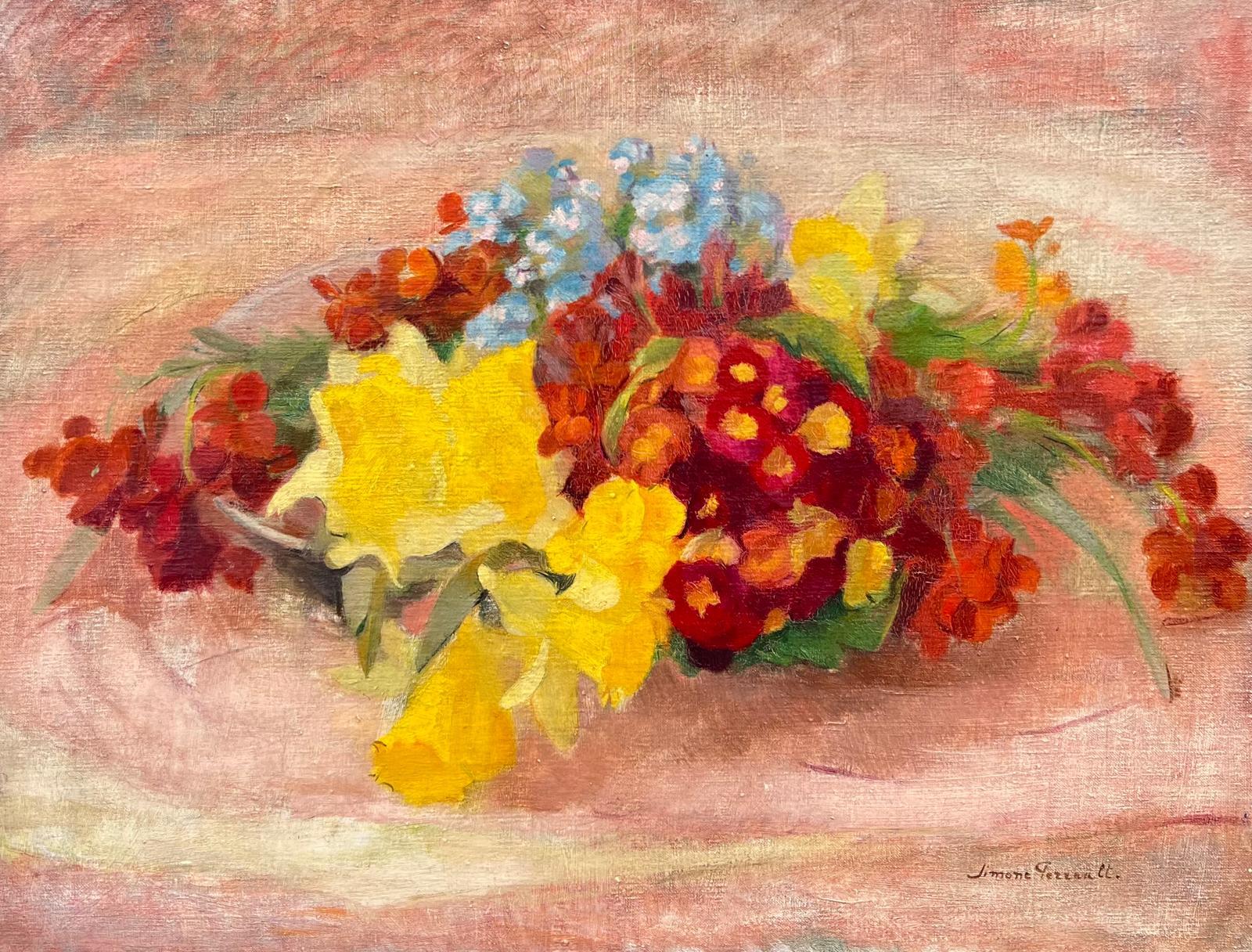 Simone Perrault Interior Painting - Beautiful Vintage French Oil Painting Still Life Flowers on Table Top, Large oil