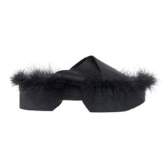 SIMONE ROCHA 2019 black satin feather trim crossover chunky platform slides EU38