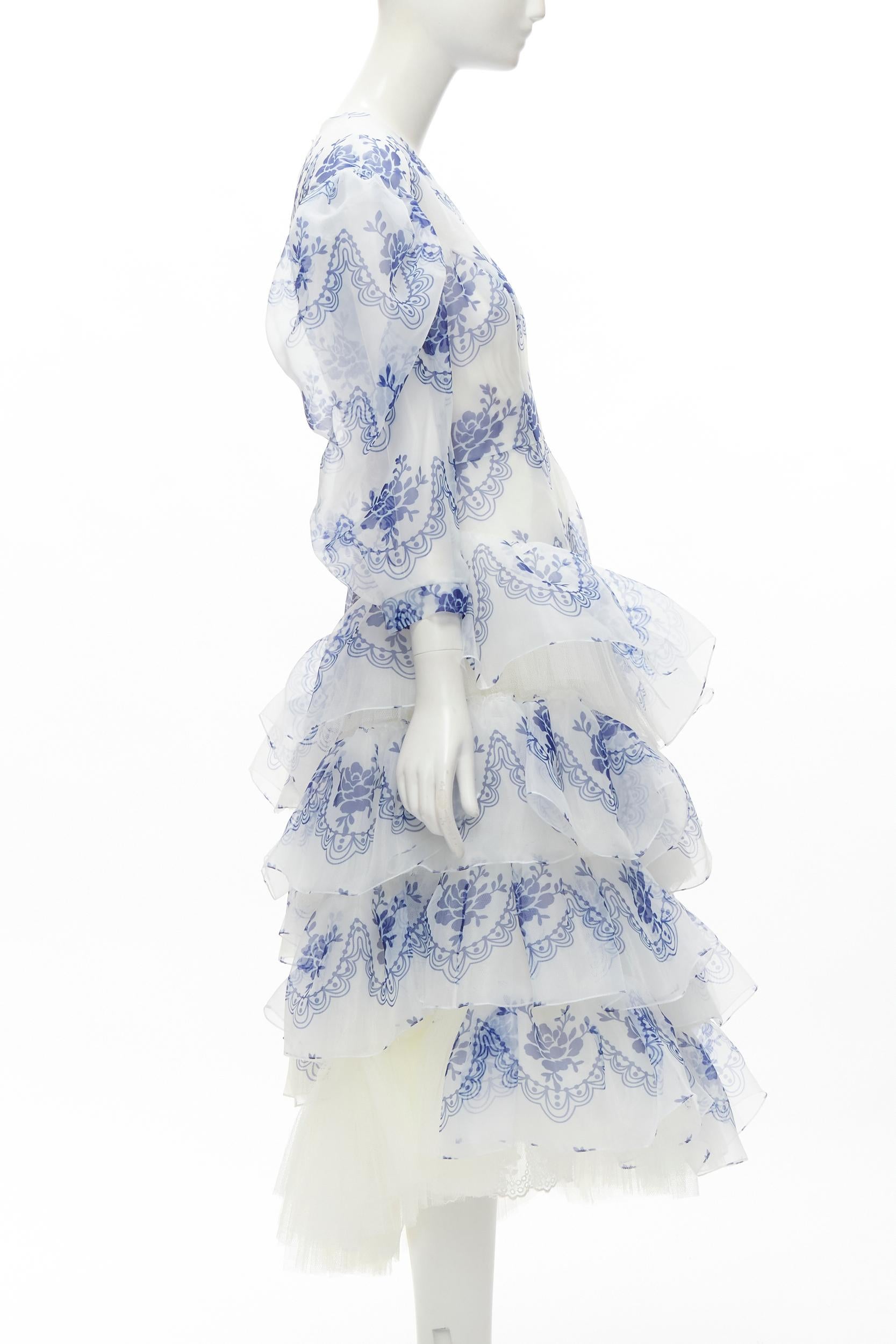 SIMONE ROCHA 2020 Runway Delft Wrengirl white blue tulle tiered dress UK6 XS In Excellent Condition In Hong Kong, NT