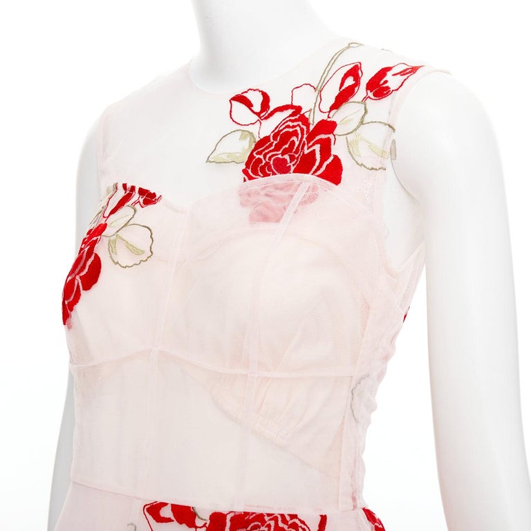 SIMONE ROCHA 2020 Runway pink red rose floral embroidery tulle 