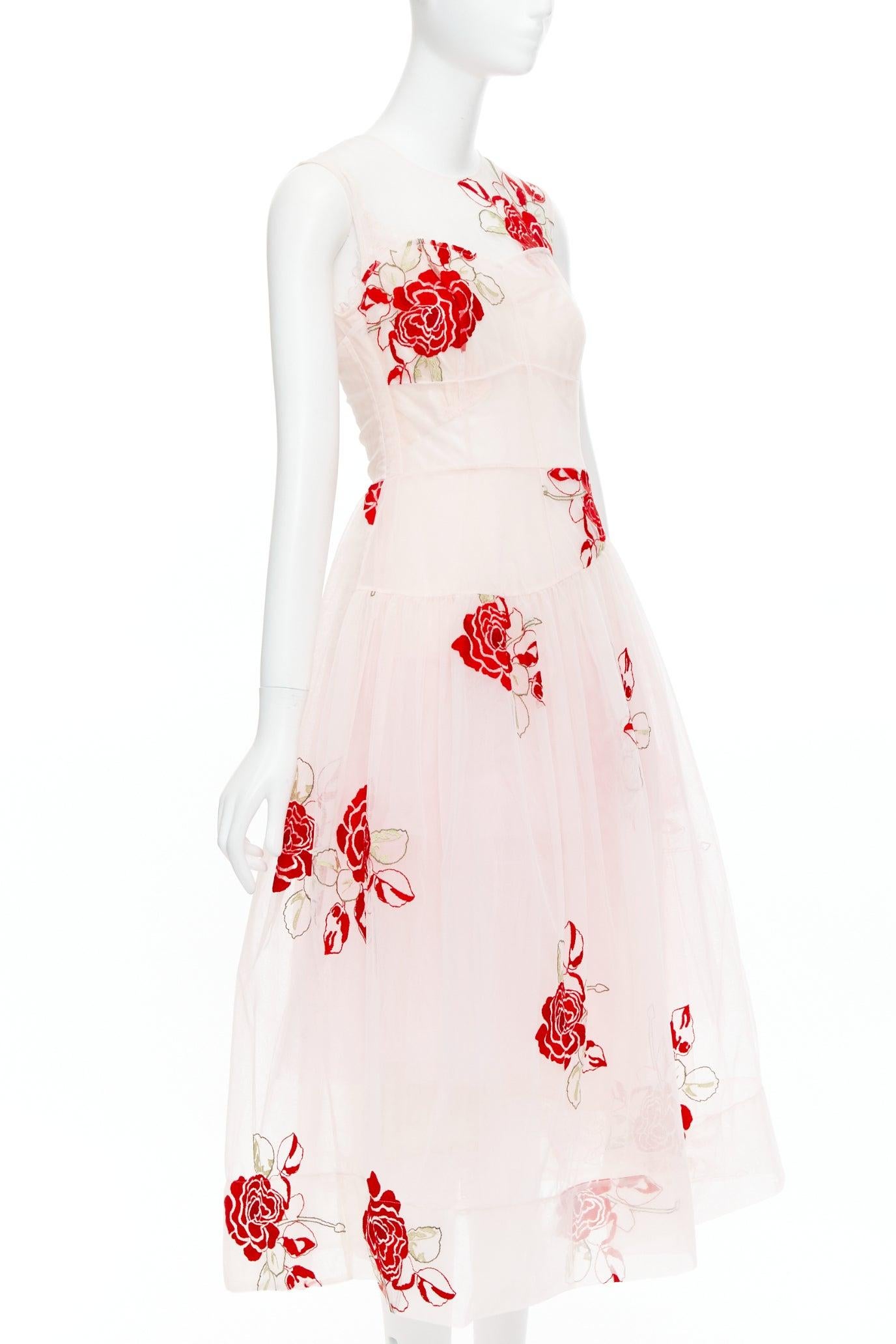 Pasarela SIMONE ROCHA 2020  rosa rojo rosa floral bordado vestido de tul UK8 S Beige