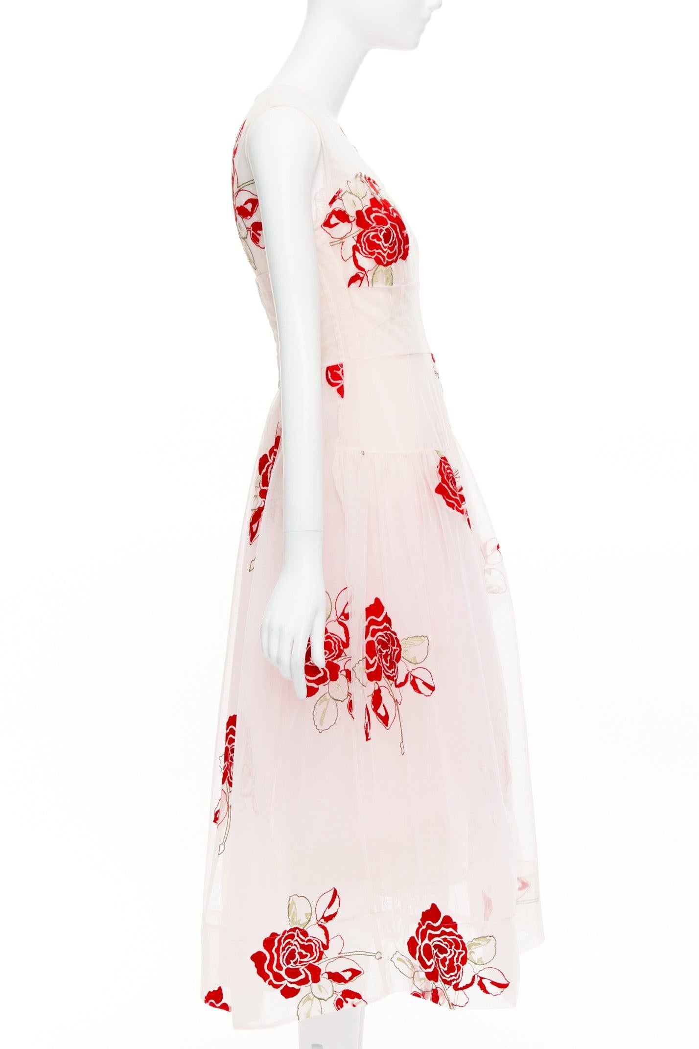 Pasarela SIMONE ROCHA 2020  rosa rojo rosa floral bordado vestido de tul UK8 S en Excelente Estado en Hong Kong, NT