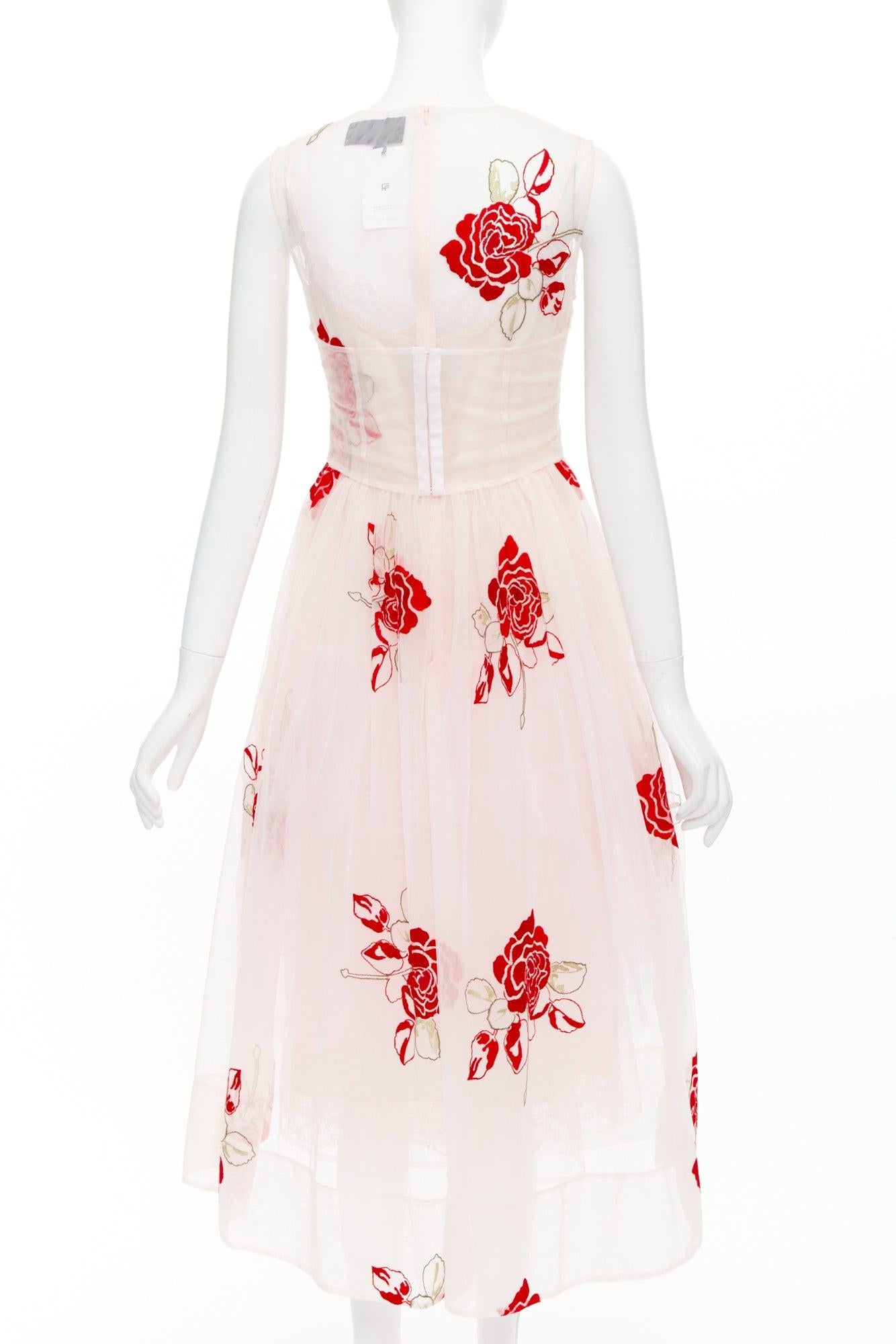 De las mujeres Pasarela SIMONE ROCHA 2020  rosa rojo rosa floral bordado vestido de tul UK8 S