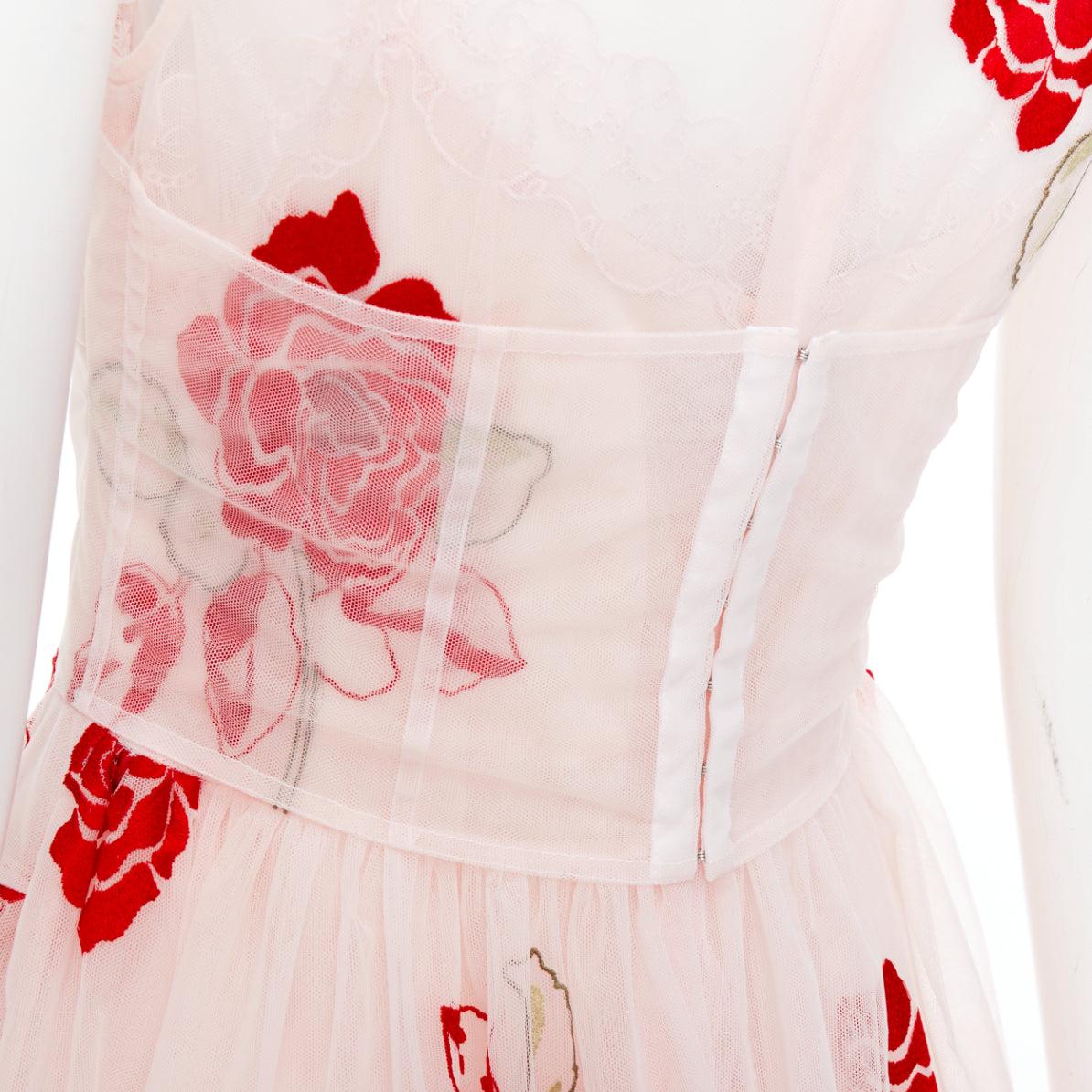 Pasarela SIMONE ROCHA 2020  rosa rojo rosa floral bordado vestido de tul UK8 S 2