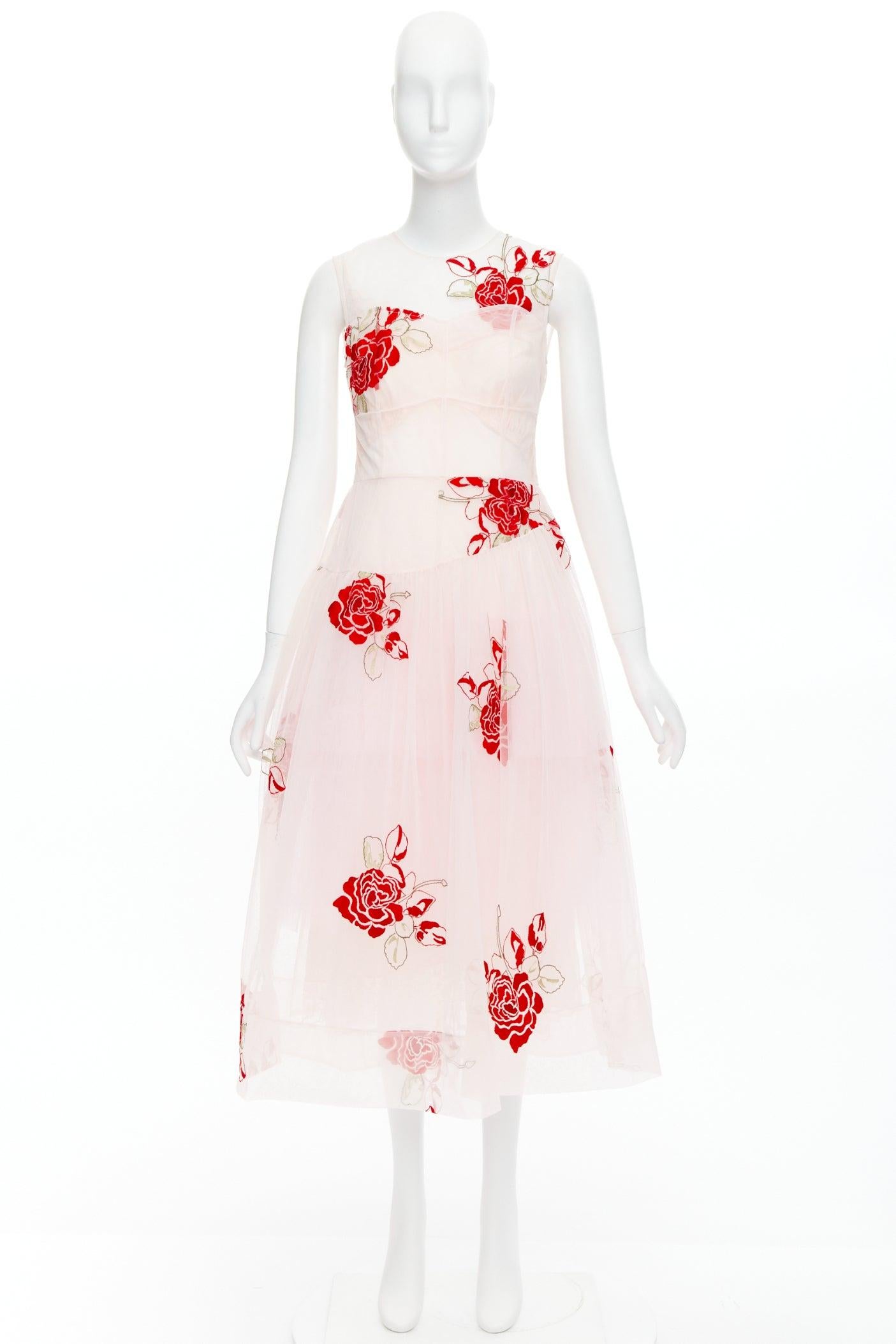 Pasarela SIMONE ROCHA 2020  rosa rojo rosa floral bordado vestido de tul UK8 S 4