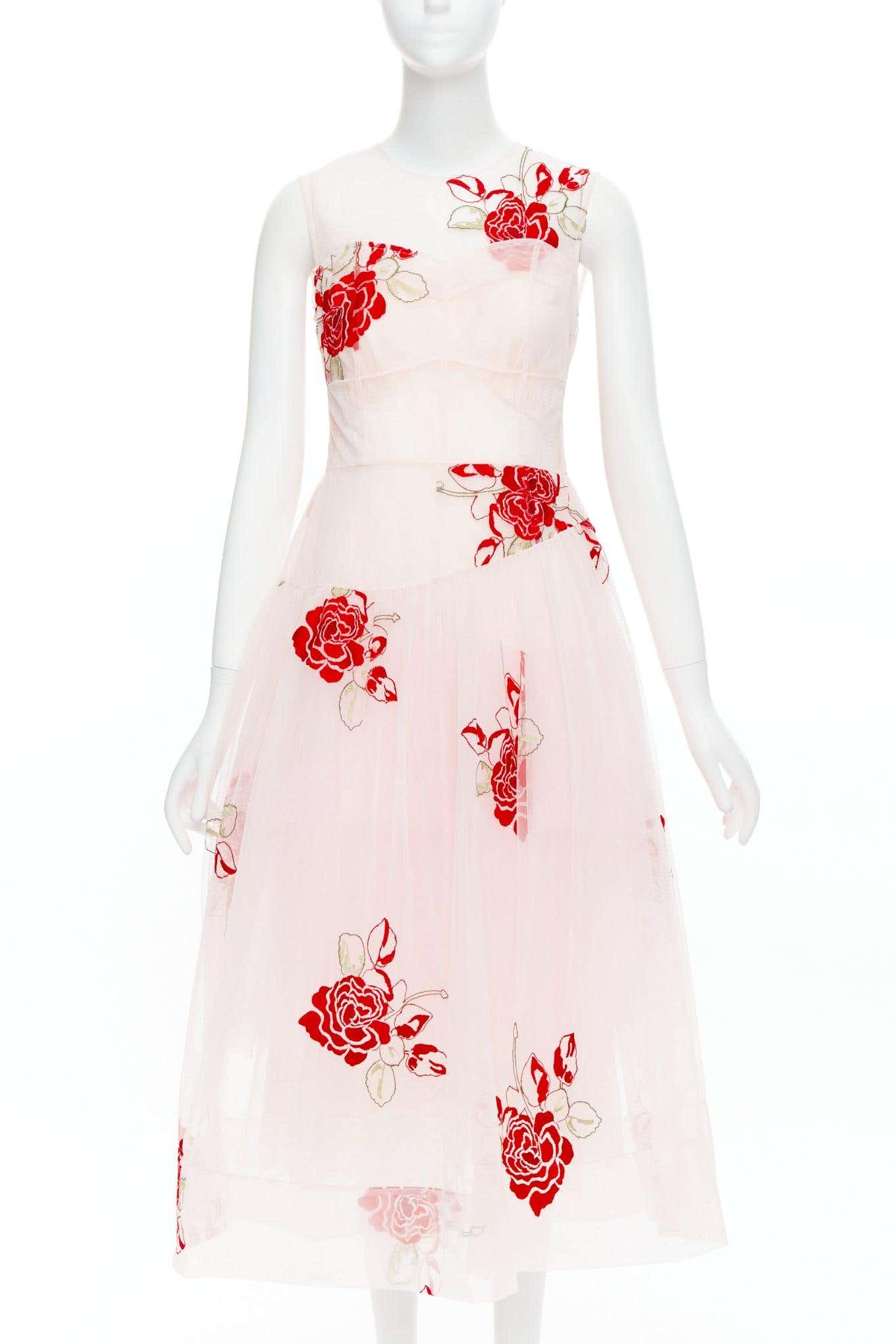 SIMONE ROCHA 2020 Runway pink red rose floral embroidery tulle dress ...