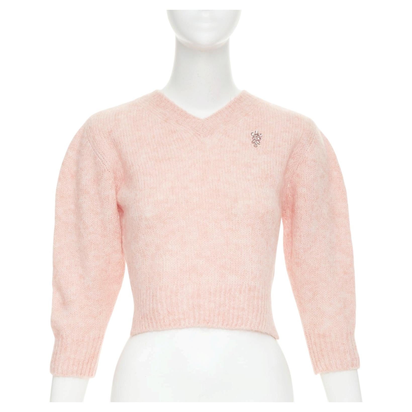 Pre-owned Simone Rocha 2024 Rose Baby Alpaca Wool Blend Crystal V Neck Cropped Sweater S In Red