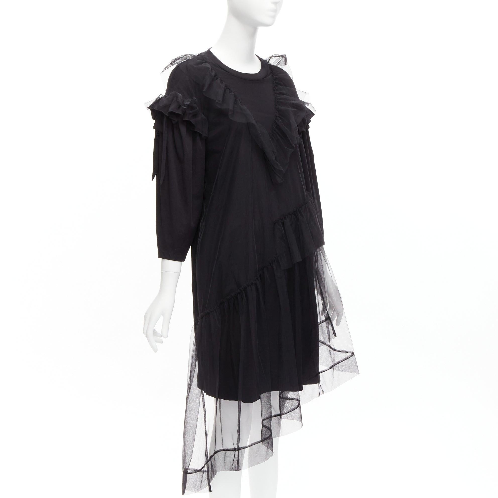Black SIMONE ROCHA black asymmetric tulle ruffle trim overlay tshirt dress S For Sale