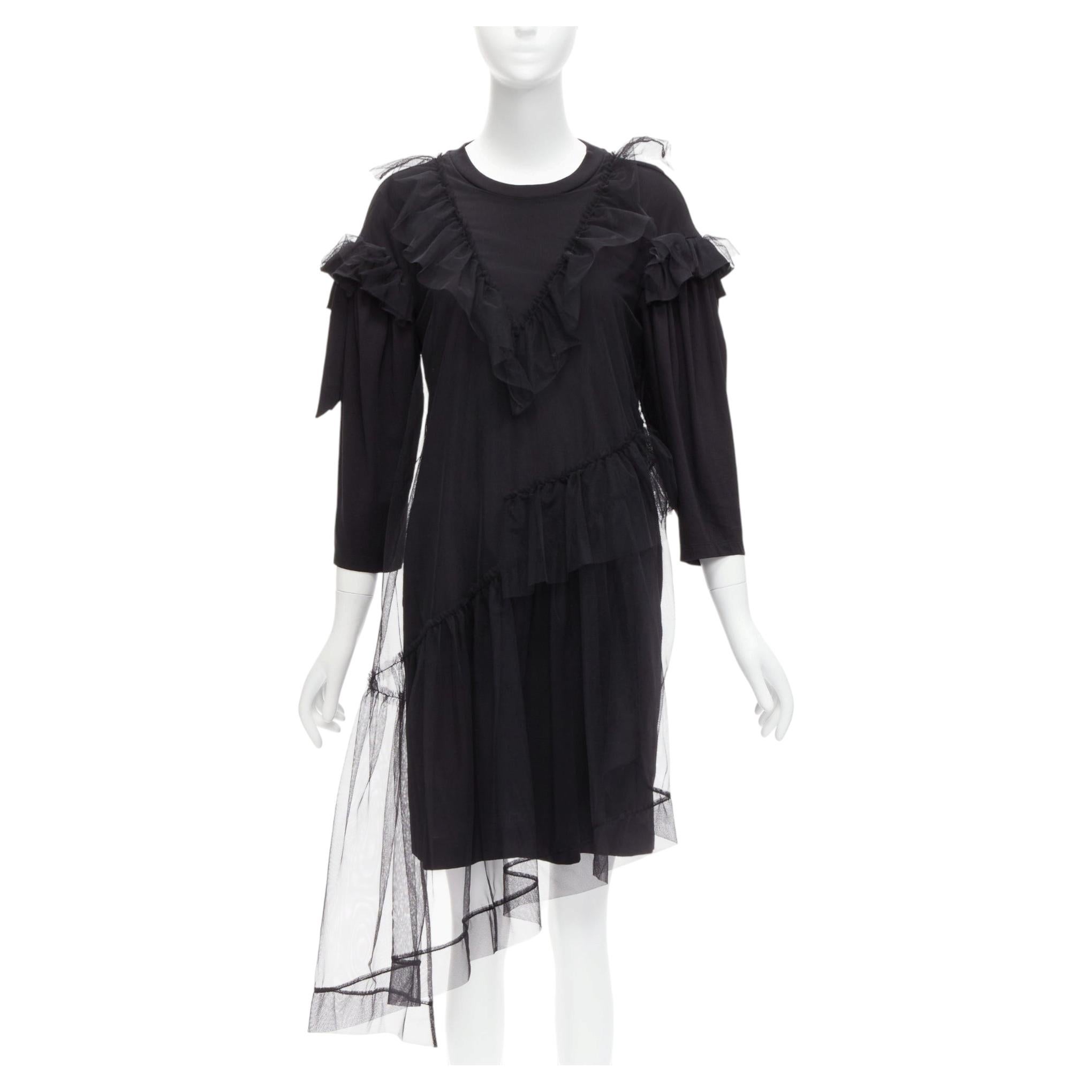 Pre-owned Simone Rocha Black Asymmetric Tulle Ruffle Trim Overlay Tshirt Dress S