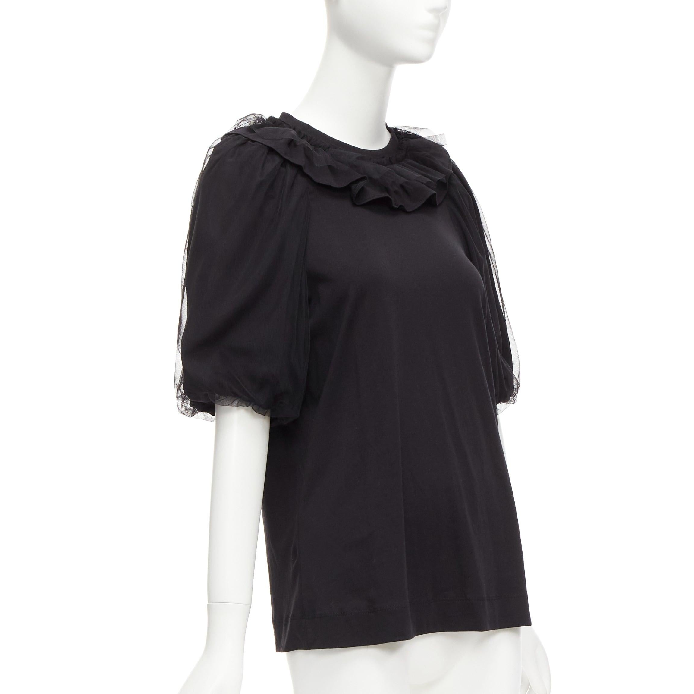 SIMONE ROCHA black cotton sheer overlay puff sleeves ruffle tshirt XS In Excellent Condition For Sale In Hong Kong, NT