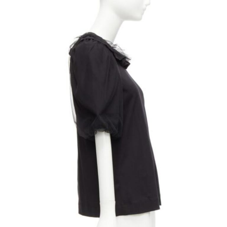 SIMONE ROCHA black cotton sheer overlay puff sleeves ruffle tshirt XS In Excellent Condition For Sale In Hong Kong, NT