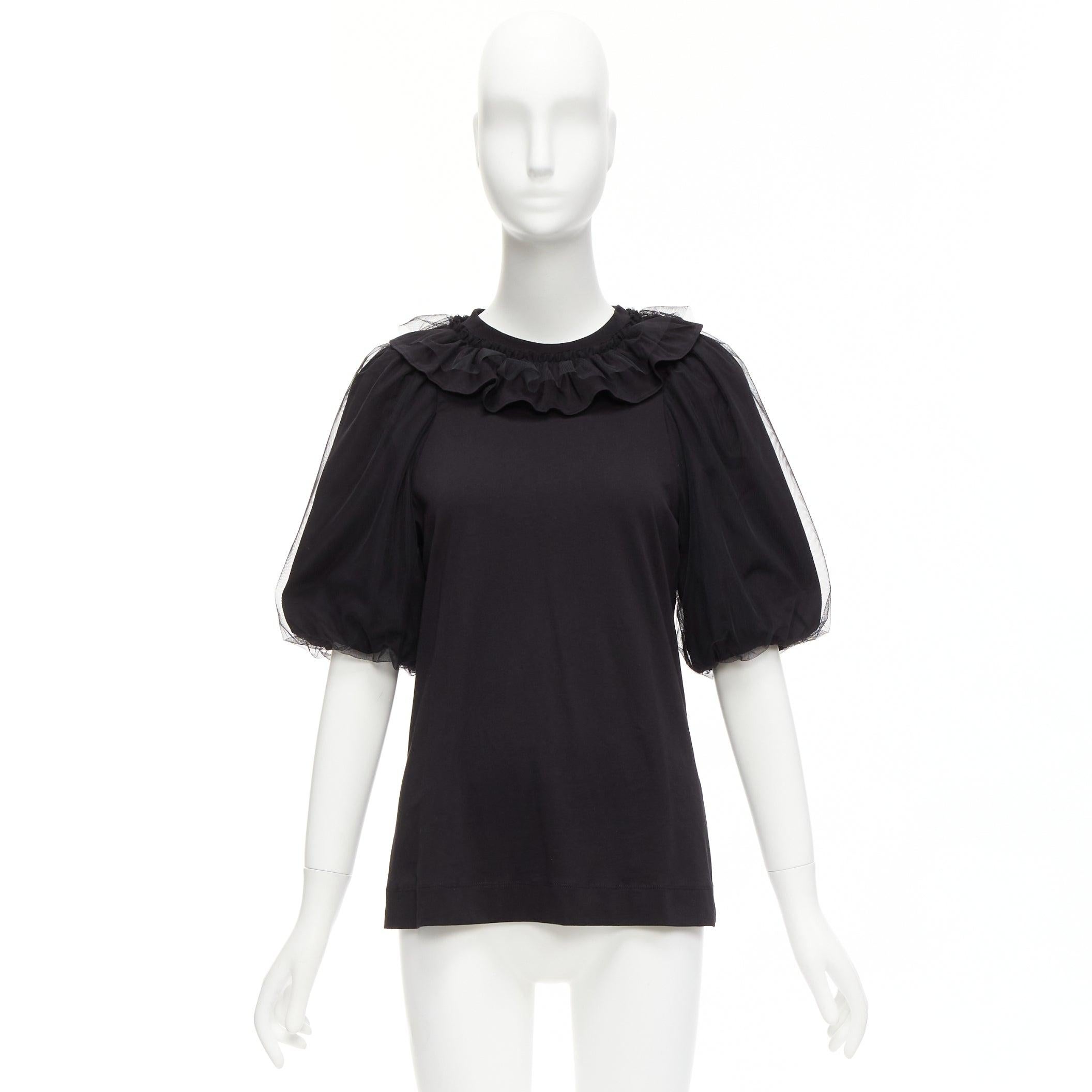 SIMONE ROCHA black cotton sheer overlay puff sleeves ruffle tshirt XS For Sale 5