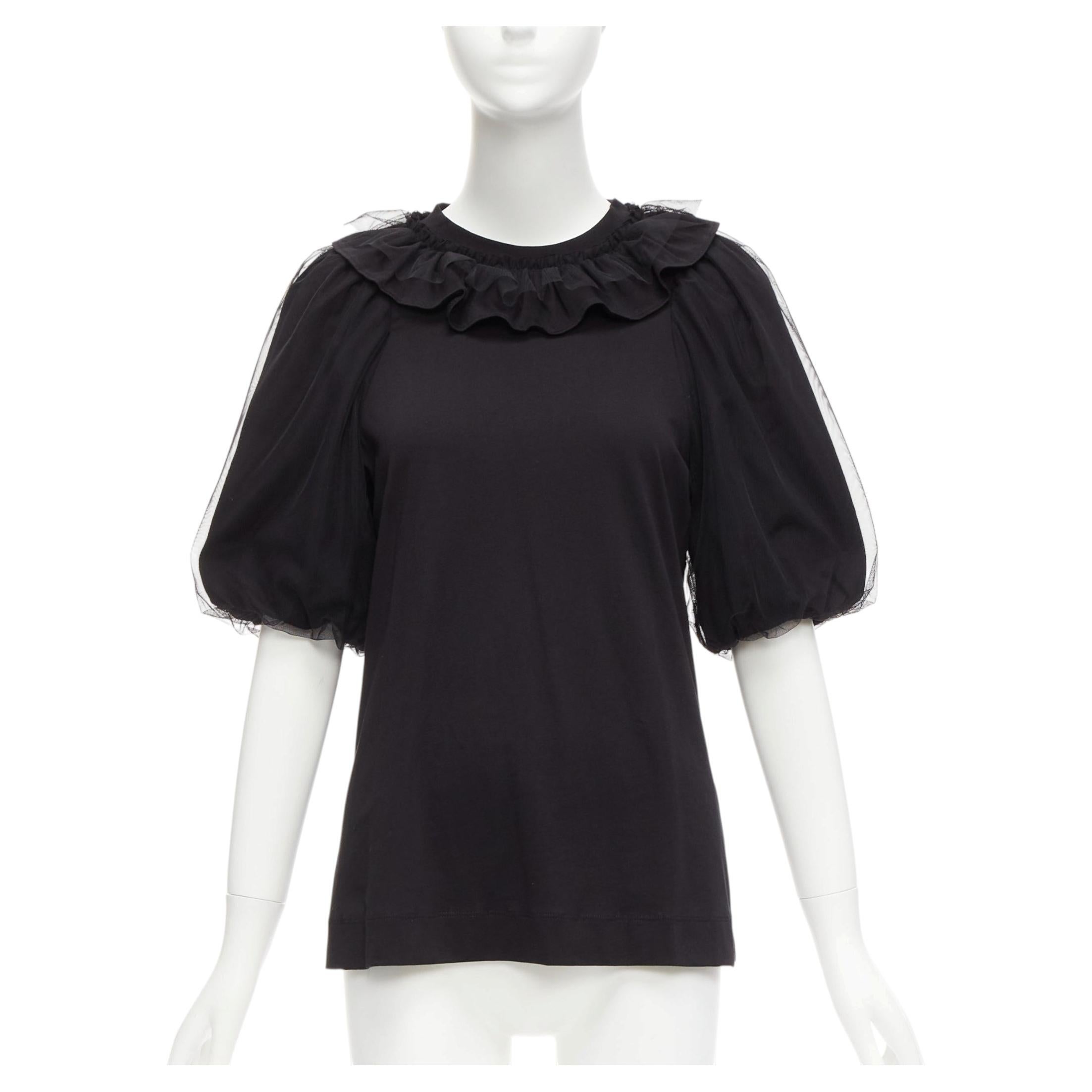 Pre-owned Simone Rocha Black Cotton Sheer Overlay Puff Sleeves Ruffle Tshirt Xs
