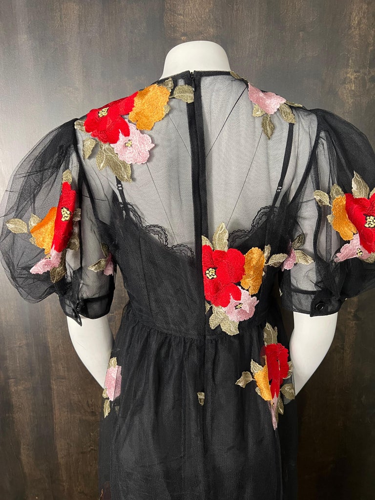Simone Rocha Black Floral Midi Dress Size 12 For Sale at 1stDibs
