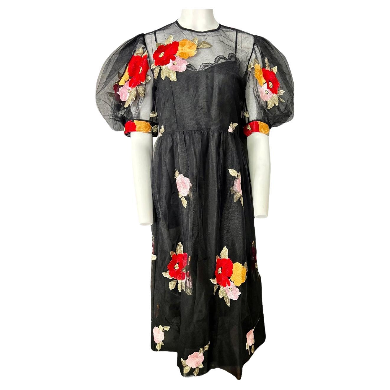 Simone Rocha Black Floral Midi Dress, Size 12 For Sale