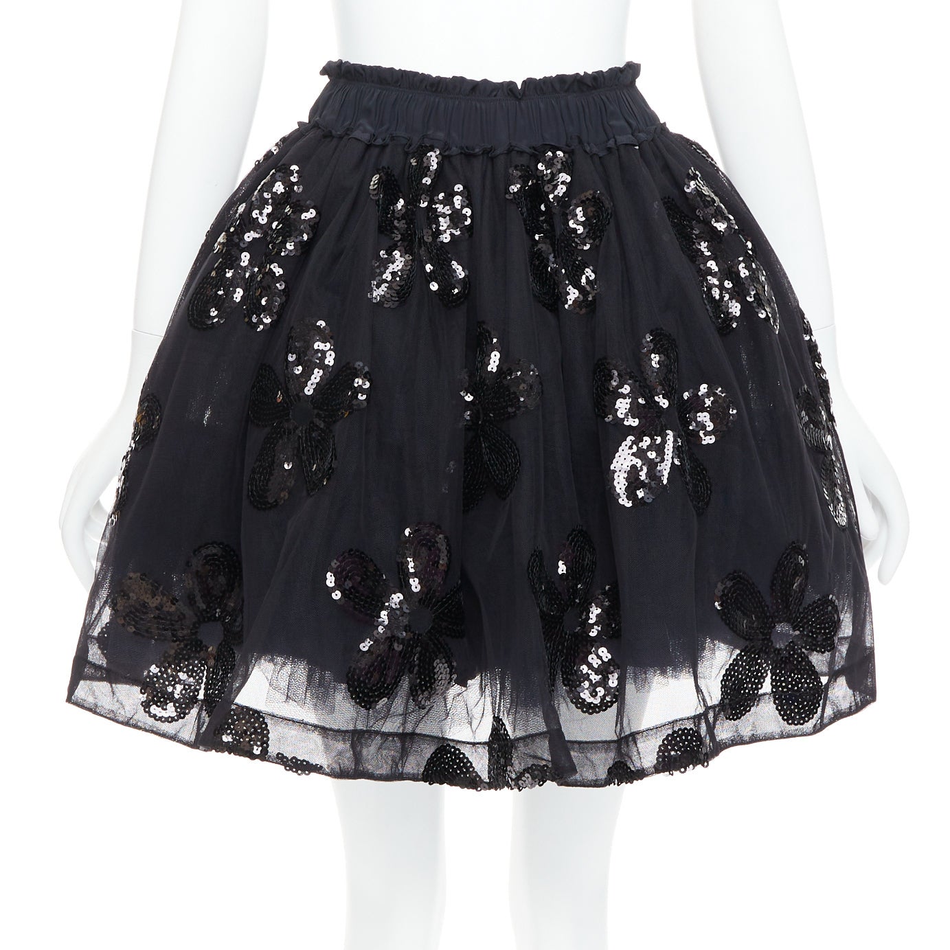 Pre-owned Simone Rocha Black Floral Sequin Embellished Tulle Tutu Skirt Uk4 Xxs