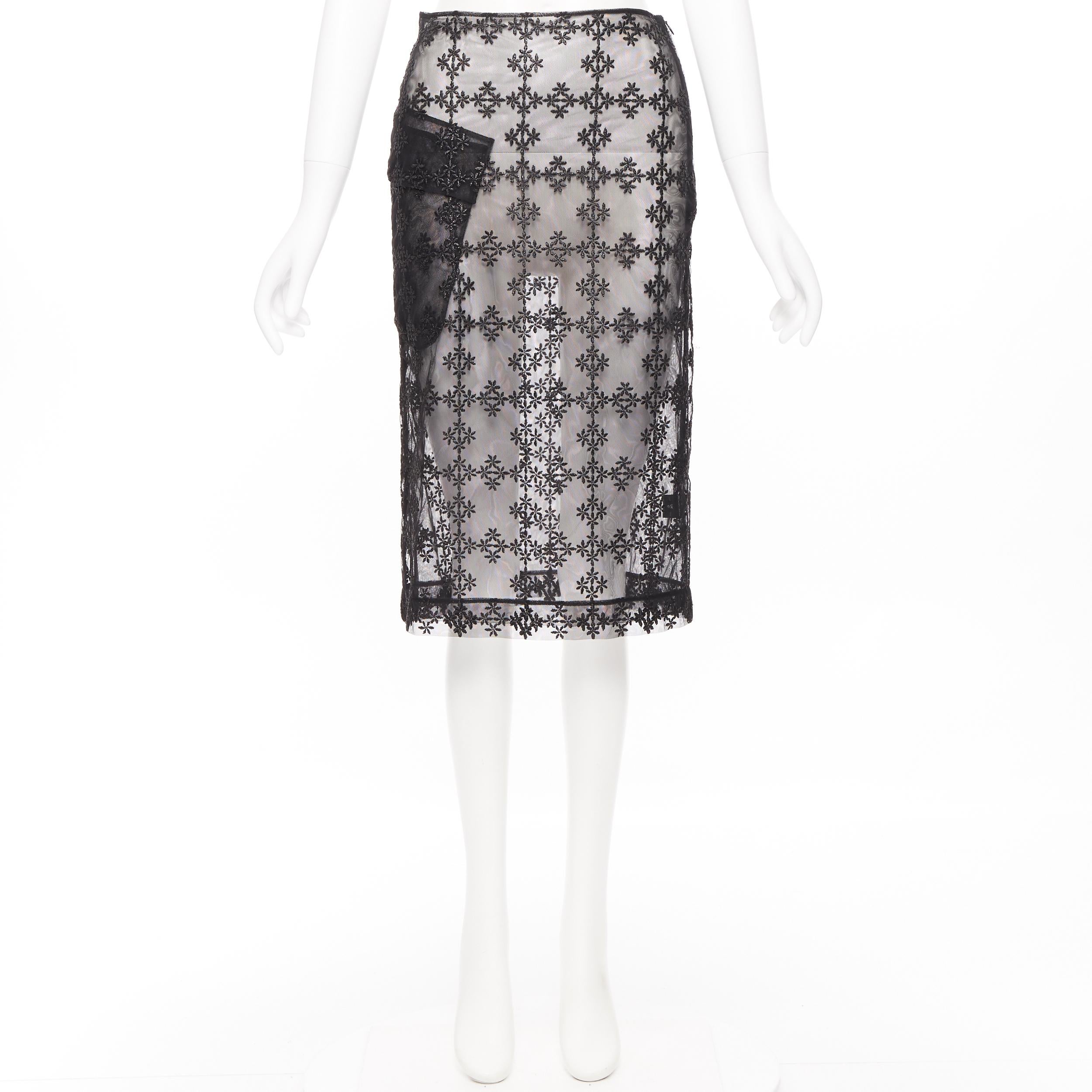 Black SIMONE ROCHA black sheer mesh floral embroidery patch pocket pencil skirt XS