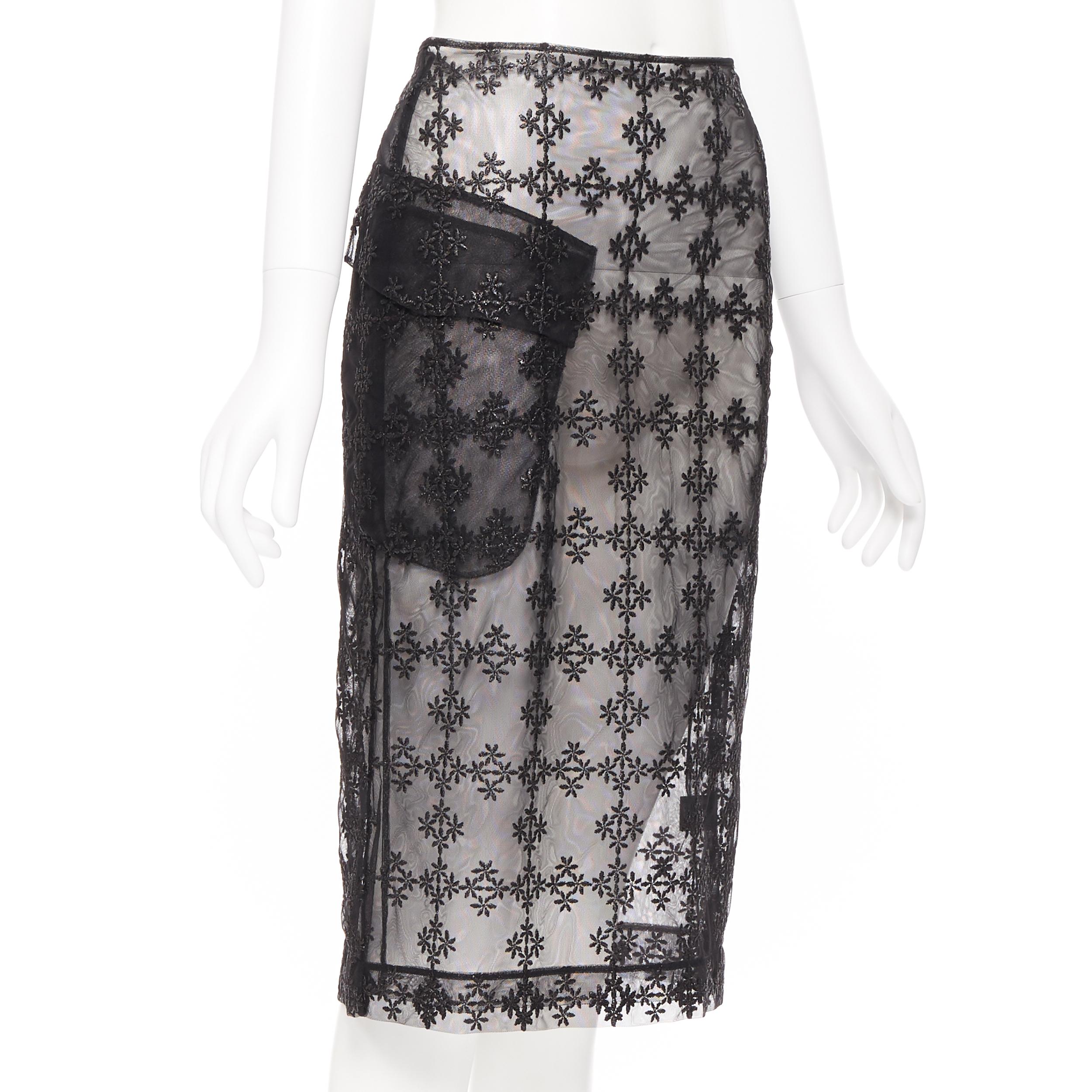 SIMONE ROCHA black sheer mesh floral embroidery patch pocket pencil skirt XS In Excellent Condition In Hong Kong, NT