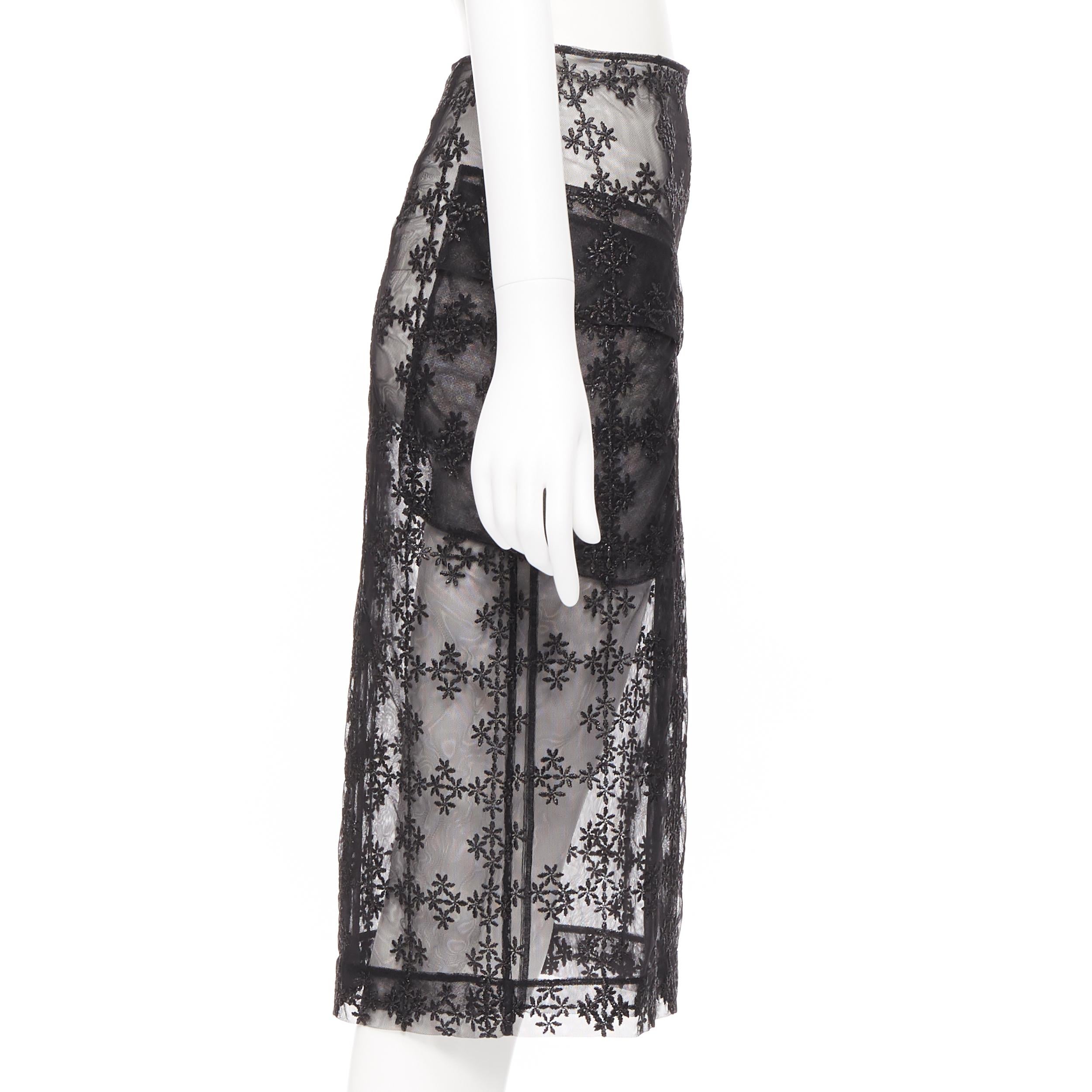 Women's SIMONE ROCHA black sheer mesh floral embroidery patch pocket pencil skirt XS