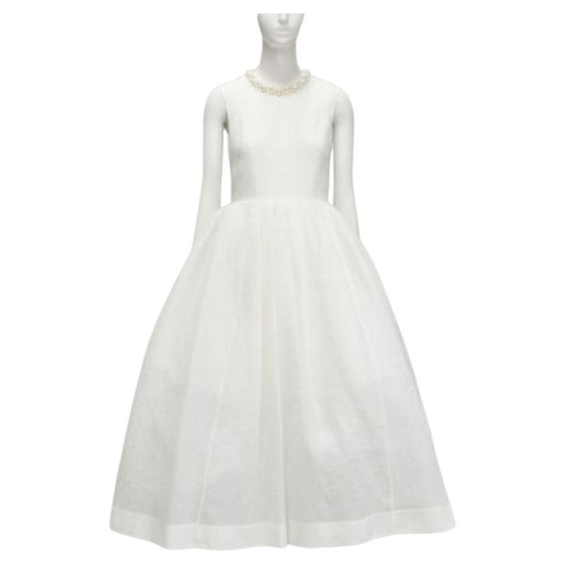 SIMONE ROCHA H&M 2021 pearl embellished neckline white textured flared dress XS