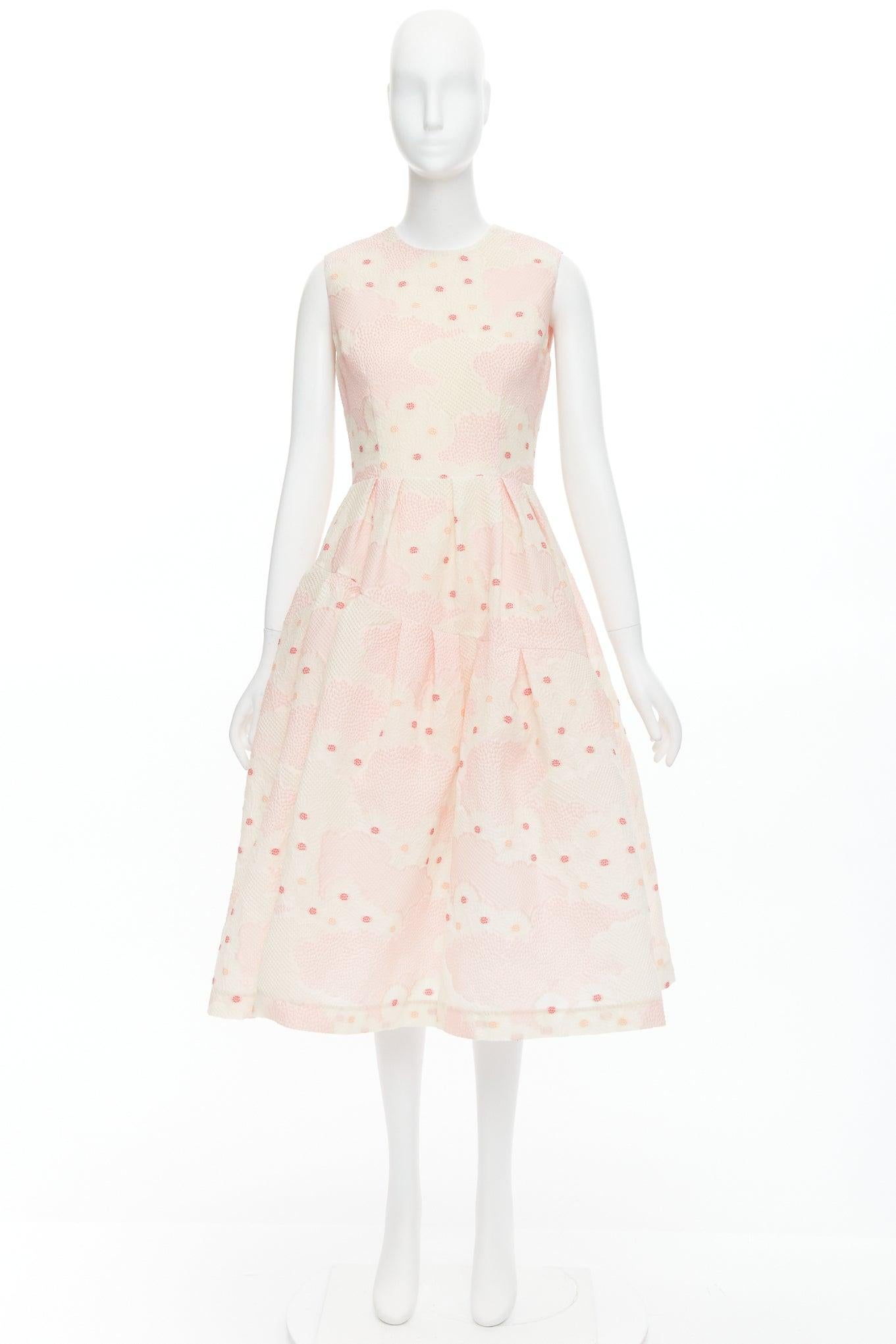 SIMONE ROCHA Kimono pink silk cotton blend floral cloque midi dress UK10 M In Excellent Condition For Sale In Hong Kong, NT
