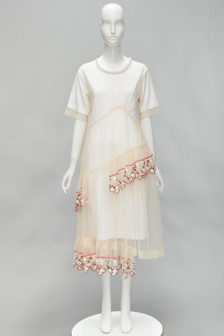 SIMONE ROCHA nude sheer floral embroidered tulle pearl collar dress S ...