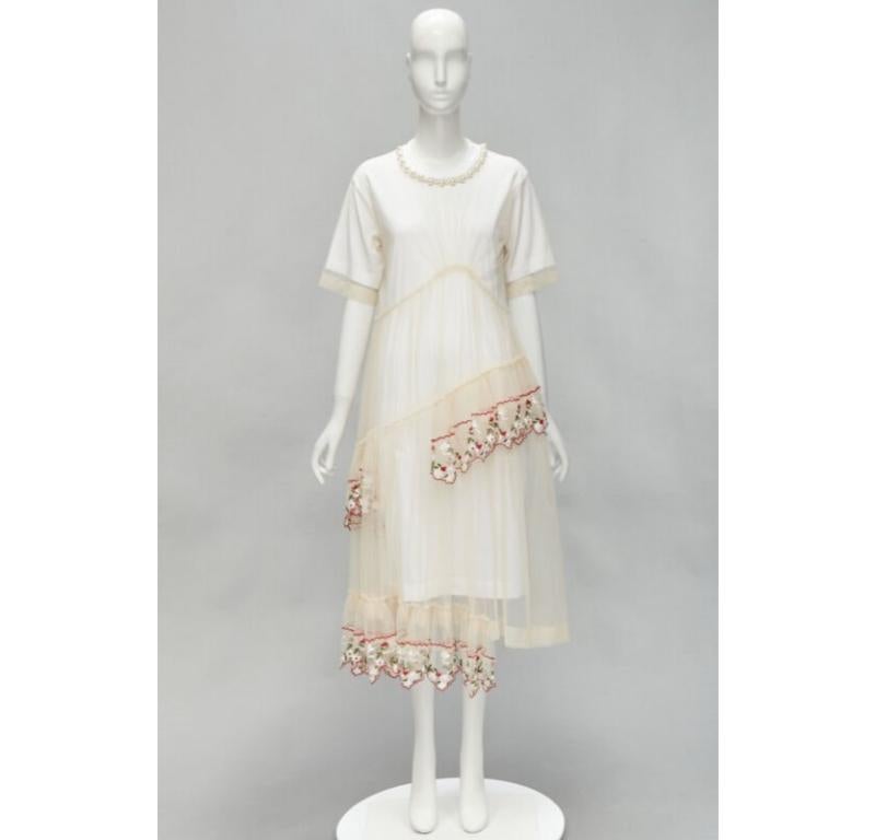 SIMONE ROCHA vestido nude de tul bordado floral con cuello de perlas S en venta 6
