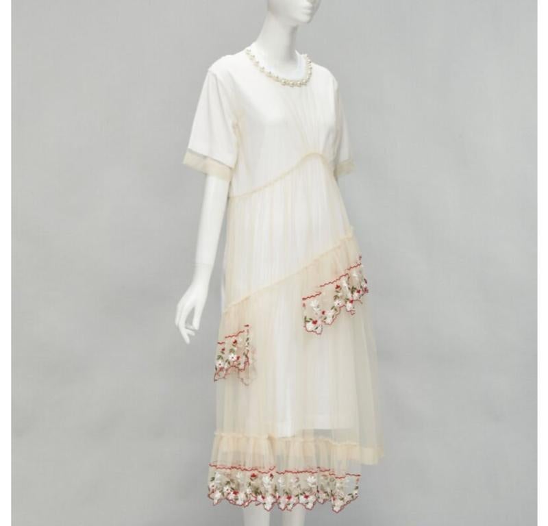 SIMONE ROCHA vestido nude de tul bordado floral con cuello de perlas S Beige en venta