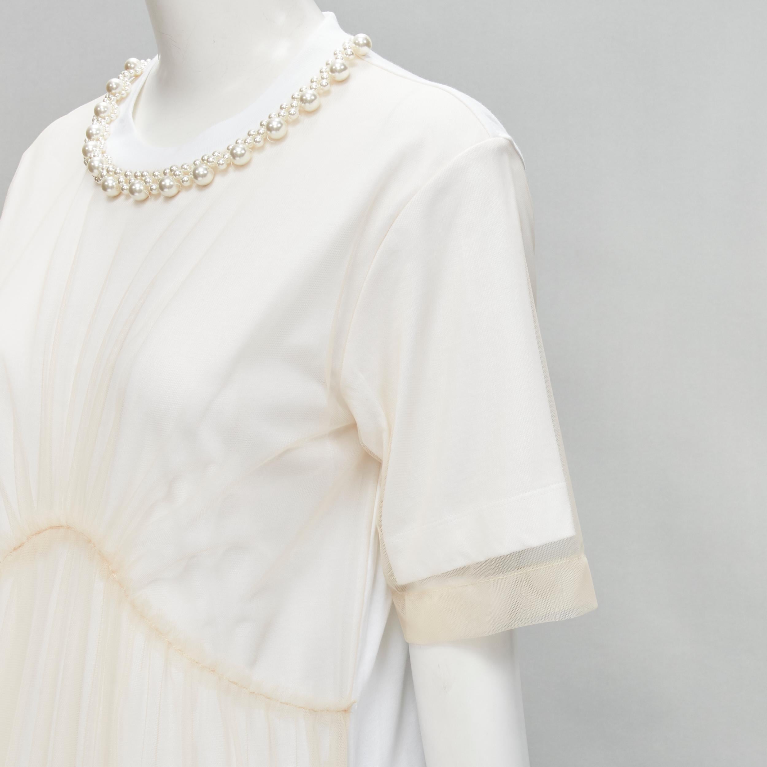 SIMONE ROCHA nude sheer floral embroidered tulle pearl collar dress S In Excellent Condition For Sale In Hong Kong, NT