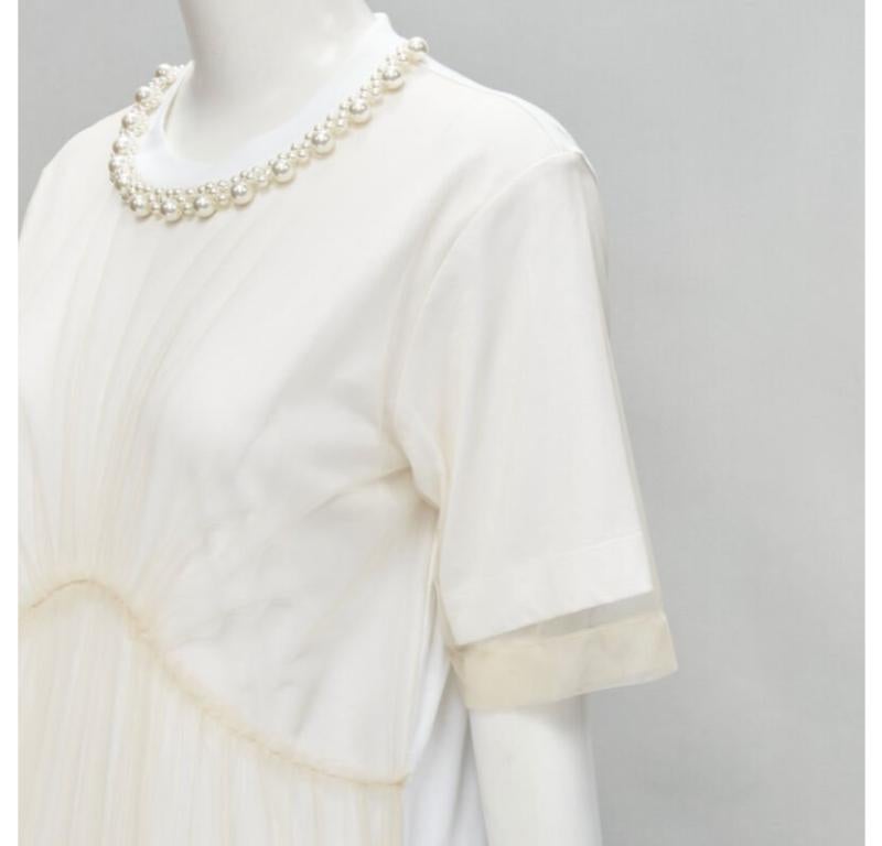 SIMONE ROCHA vestido nude de tul bordado floral con cuello de perlas S en venta 2