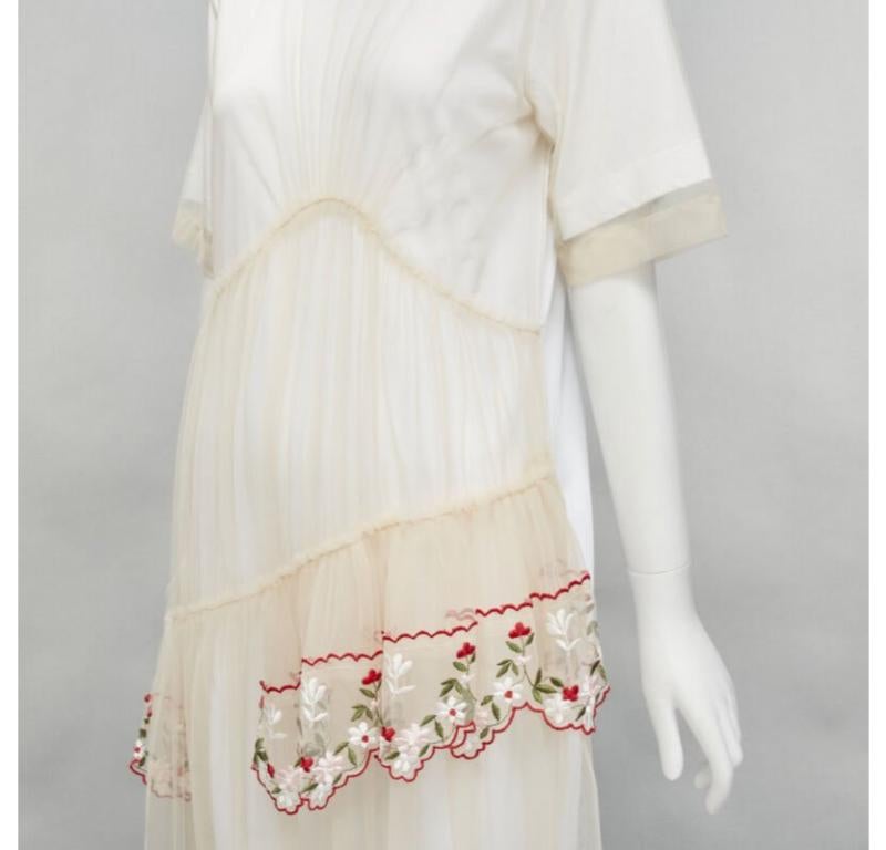 SIMONE ROCHA vestido nude de tul bordado floral con cuello de perlas S en venta 3