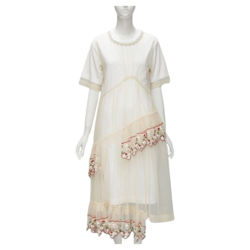 SIMONE ROCHA vestido nude de tul bordado floral con cuello de perlas S en venta