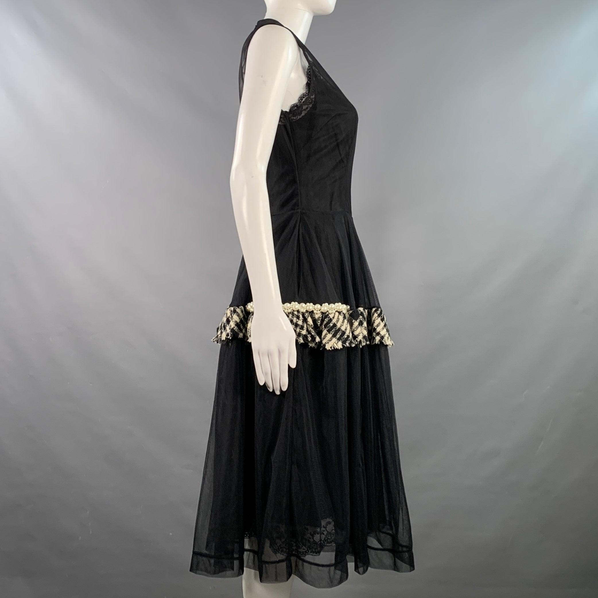 De las mujeres SIMONE ROCHA Talla 6 Negro Blanco Mezcla de Viscosa Malla Faux Pearls Plaid Trim Vestido de cóctel sin mangas en venta