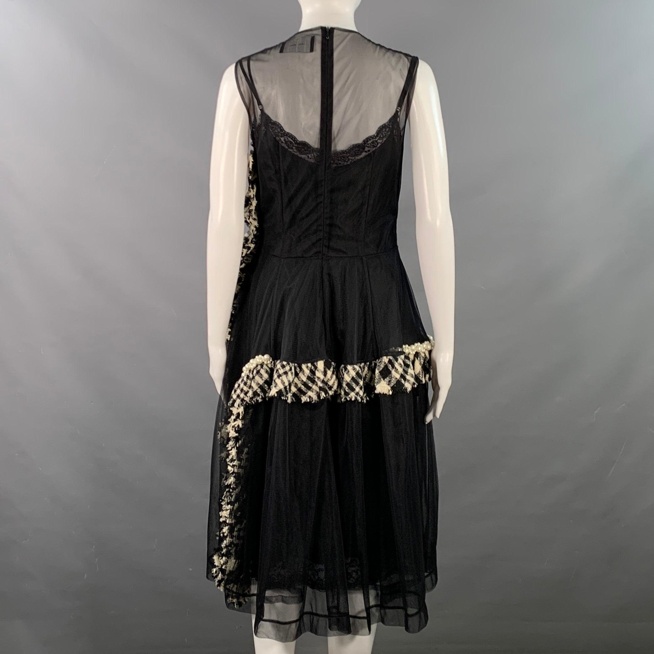 SIMONE ROCHA Talla 6 Negro Blanco Mezcla de Viscosa Malla Faux Pearls Plaid Trim Vestido de cóctel sin mangas en venta 1