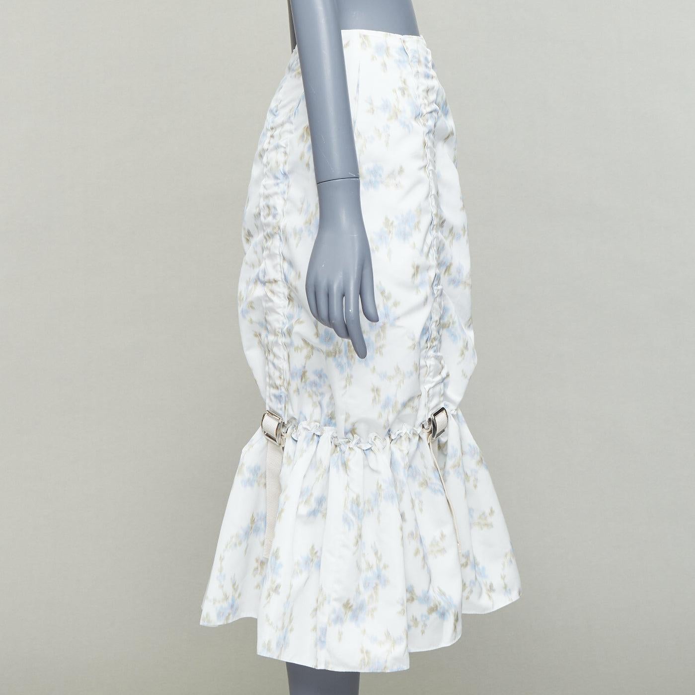 SIMONE ROCHA white blue floral print ruched web trim midi skirt UK4 XXS In Excellent Condition For Sale In Hong Kong, NT