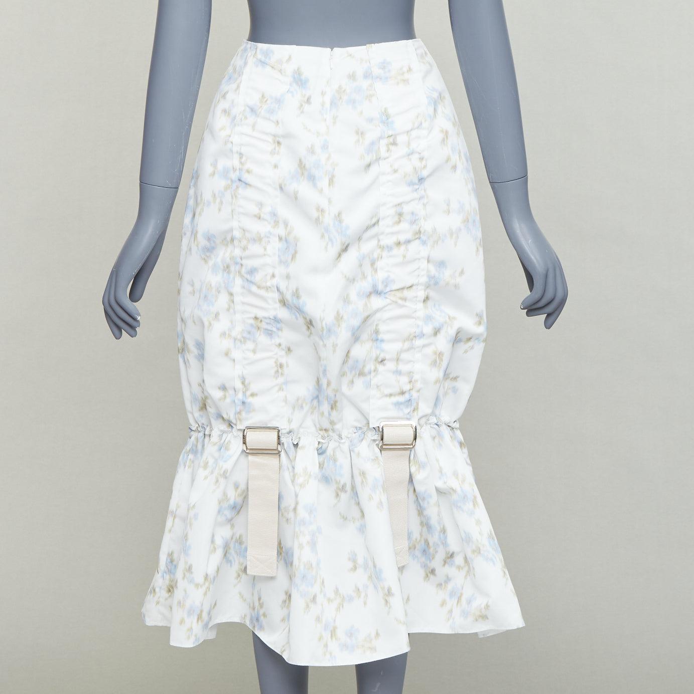 Women's SIMONE ROCHA white blue floral print ruched web trim midi skirt UK4 XXS For Sale