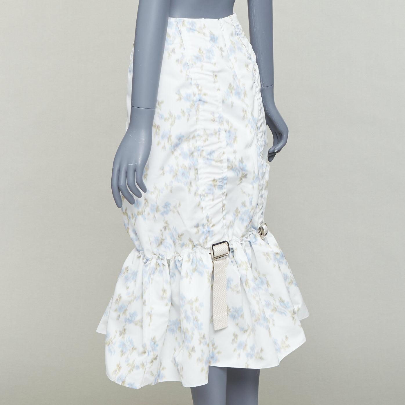 SIMONE ROCHA white blue floral print ruched web trim midi skirt UK4 XXS For Sale 1