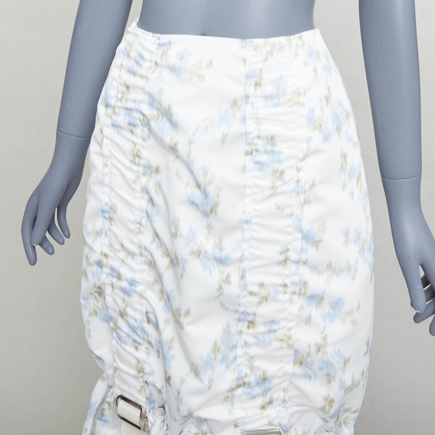 SIMONE ROCHA white blue floral print ruched web trim midi skirt UK4 XXS For Sale 2