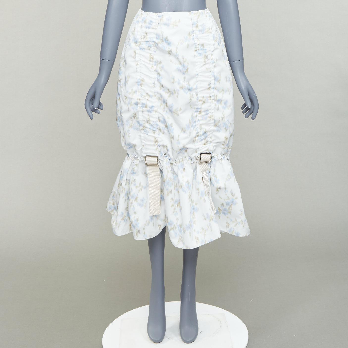 SIMONE ROCHA white blue floral print ruched web trim midi skirt UK4 XXS For Sale 4