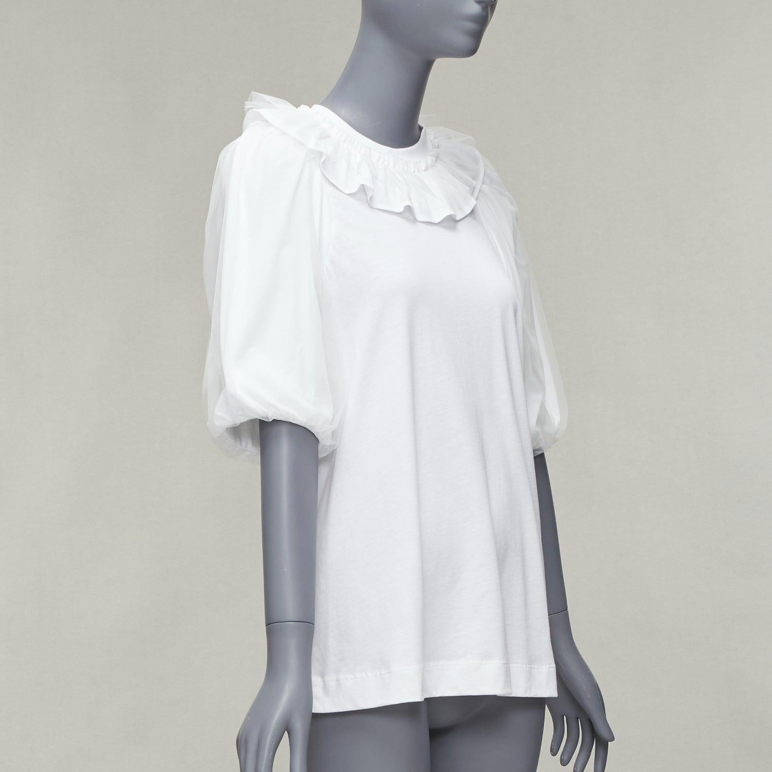 SIMONE ROCHA white cotton ruffle collar puff tulle sleeve long tshirt XS In Excellent Condition For Sale In Hong Kong, NT
