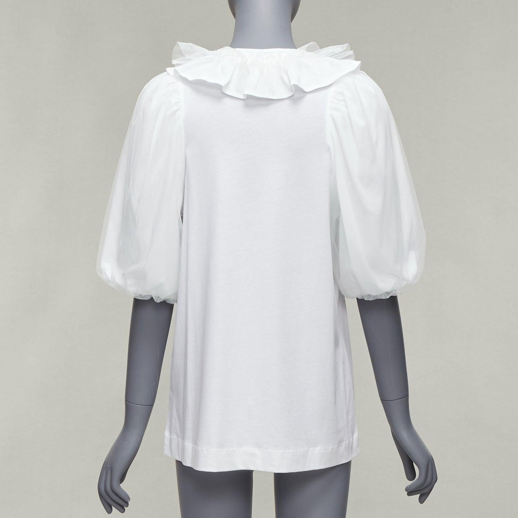 SIMONE ROCHA white cotton ruffle collar puff tulle sleeve long tshirt XS For Sale 1