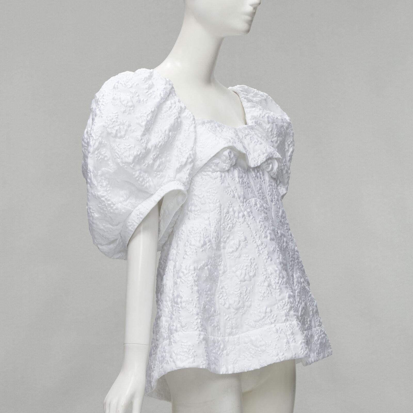 SIMONE ROCHE white floral cloque Victorian puff sleeve flared top UK6 S In Excellent Condition For Sale In Hong Kong, NT