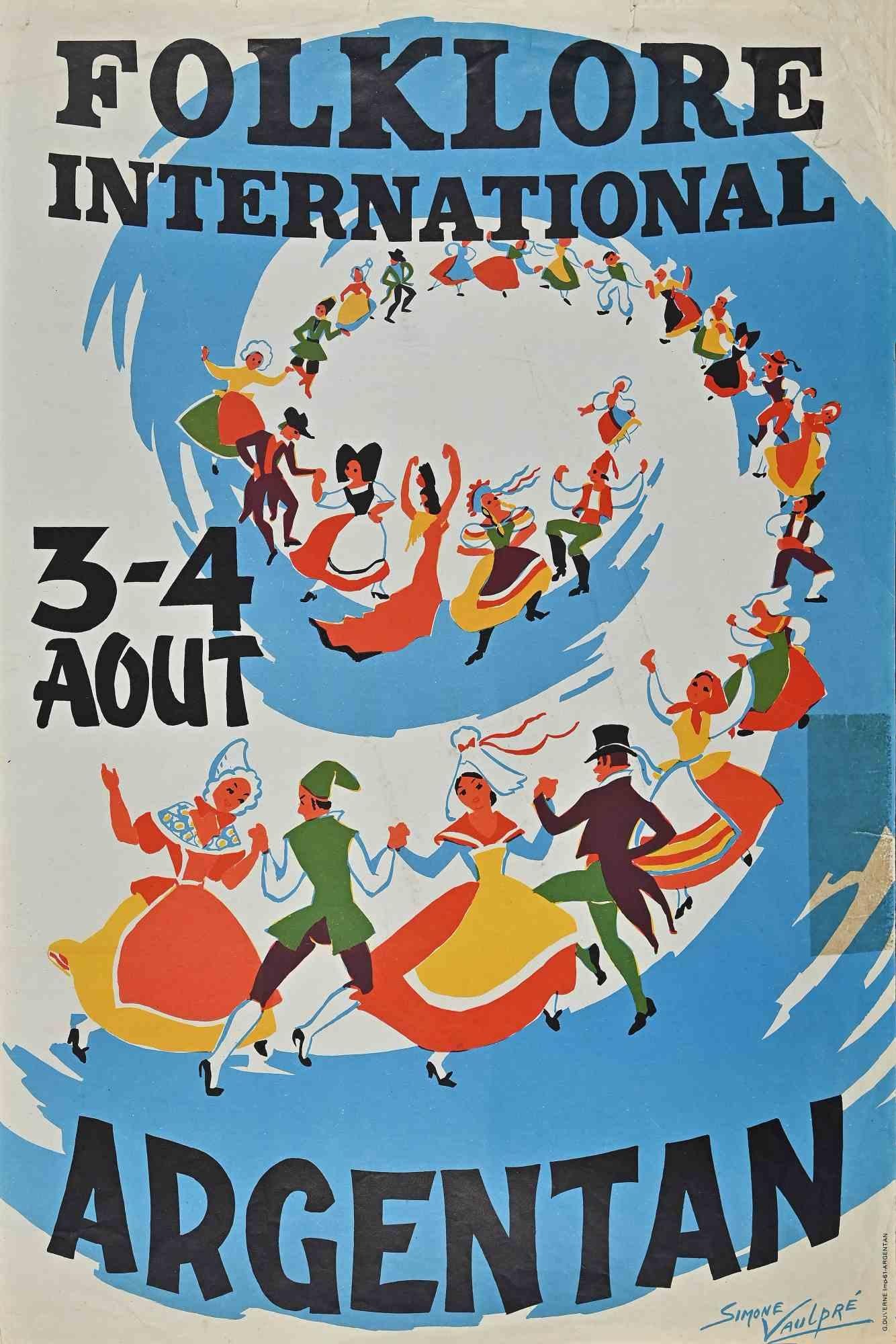 International Folklore is a screen print and offset print on ivory-colored paper realized in the 1970s by Simone Vaulpré.

Signed on the lower right.

Good conditions with slight folding and foxing.