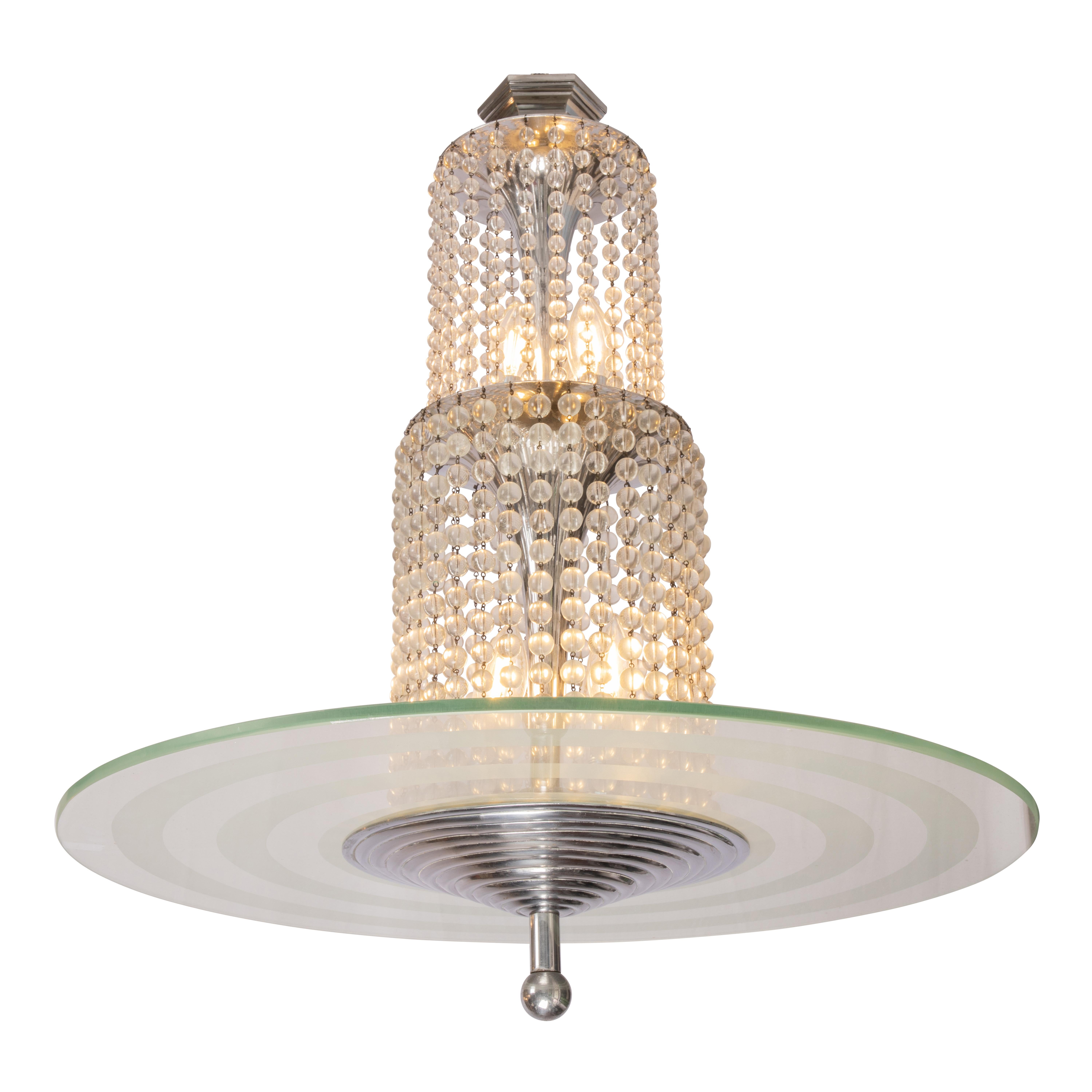 French Simonet (attributed to) Art Deco Chandelier in nickel plated Bronze and Crystal For Sale