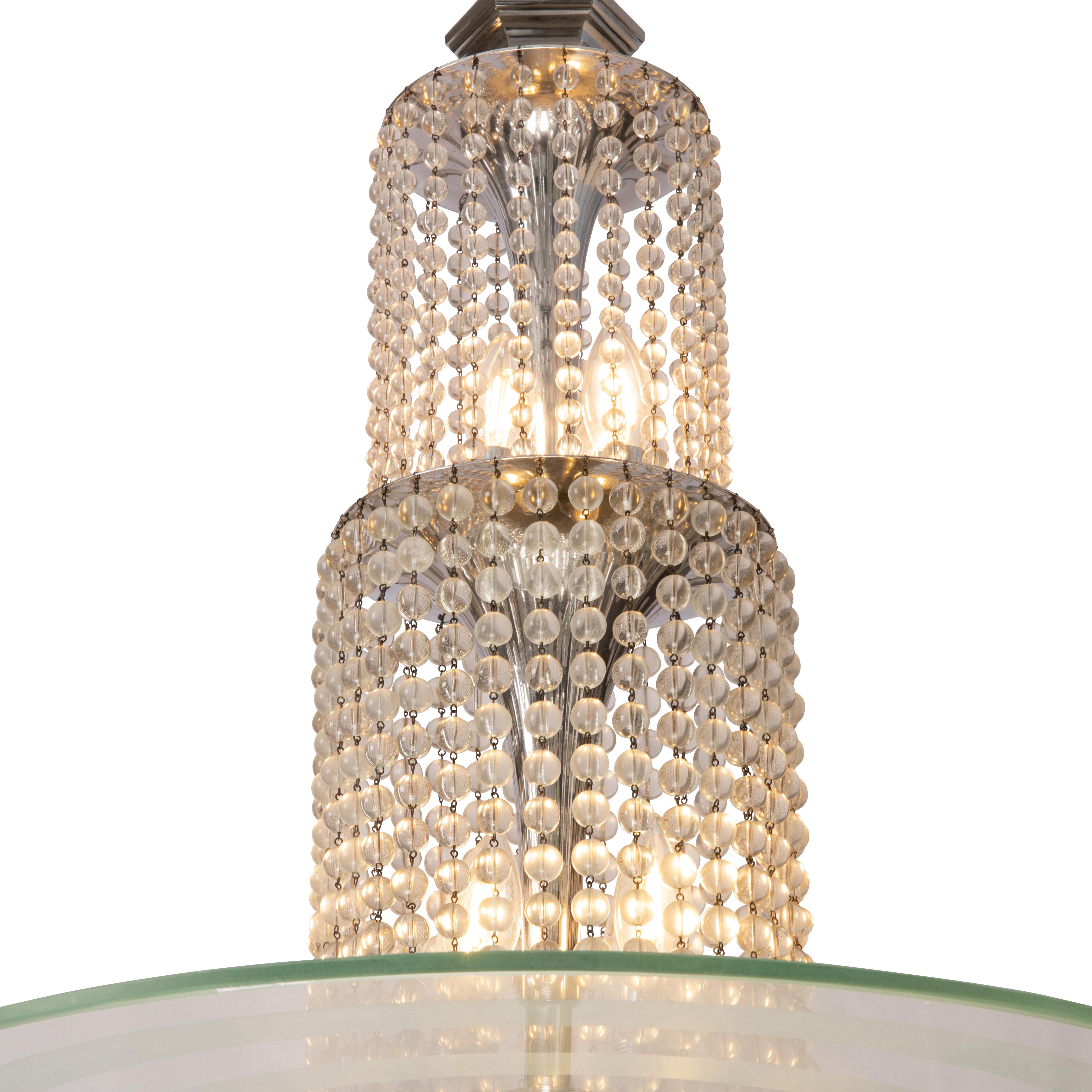 Simonet (attributed to) Art Deco Chandelier in nickel plated Bronze and Crystal In Excellent Condition For Sale In SAINT-OUEN-SUR-SEINE, FR
