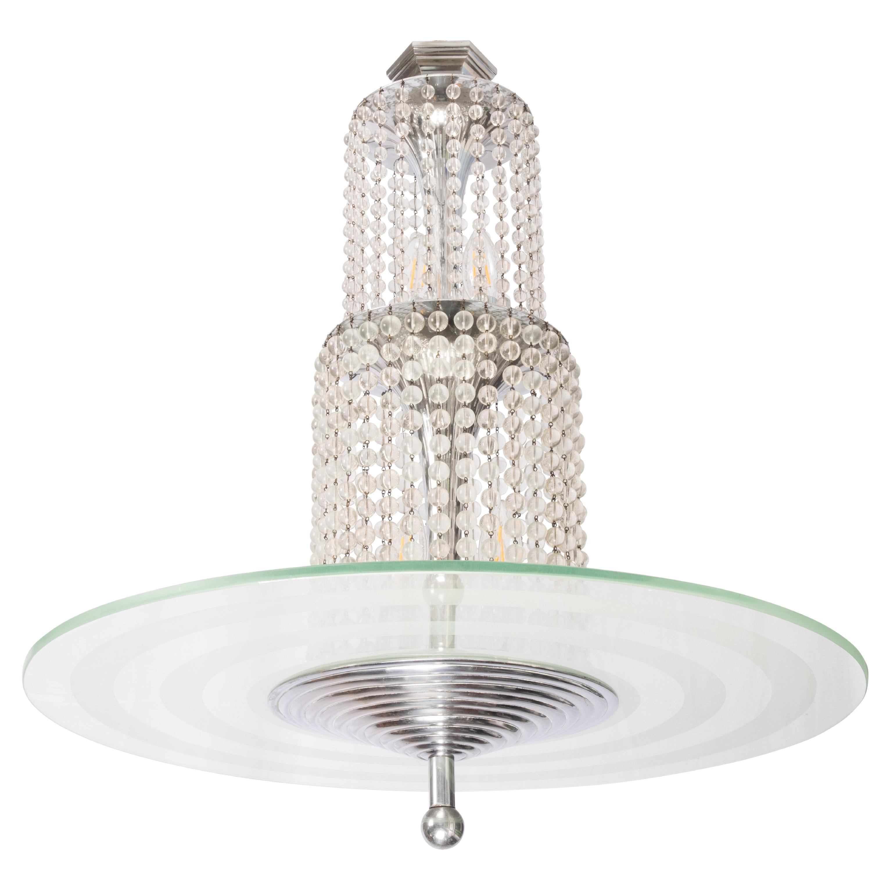 Simonet (attributed to) Art Deco Chandelier in nickel plated Bronze and Crystal