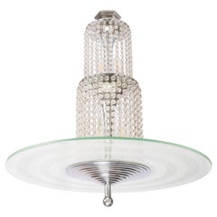 Simonet (attributed to) Art Deco Chandelier in nickel plated Bronze and Crystal